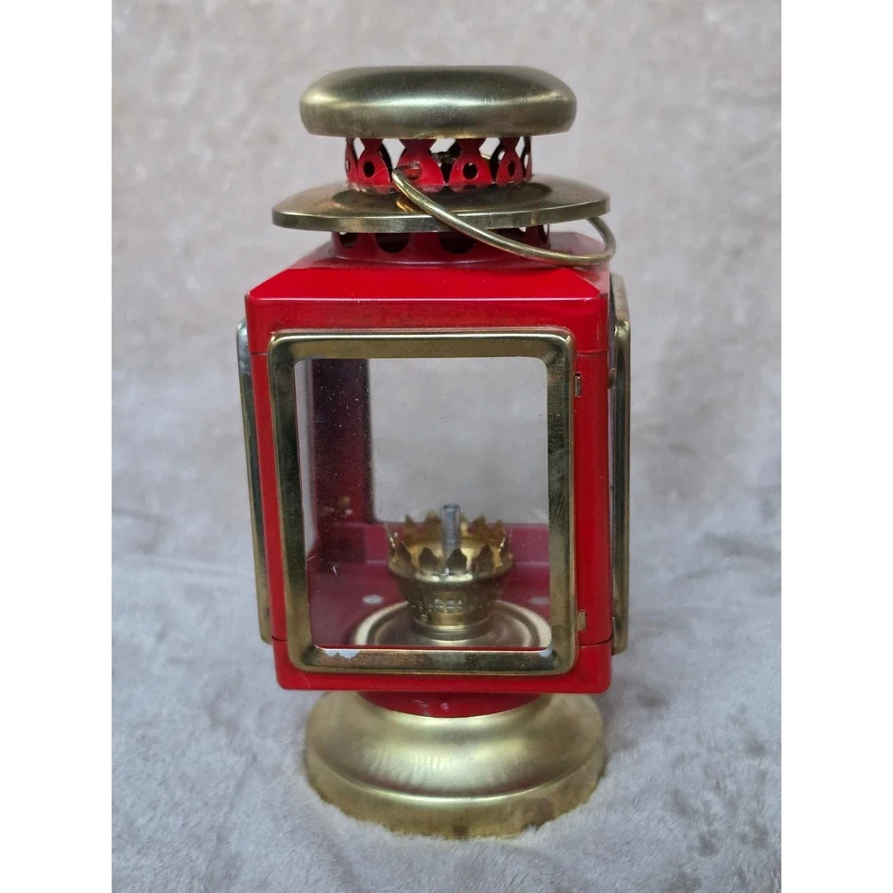 Vintage Red Metal and Brass Miniature Oil Lantern Glass Hurricane Lamp 7.5 inch